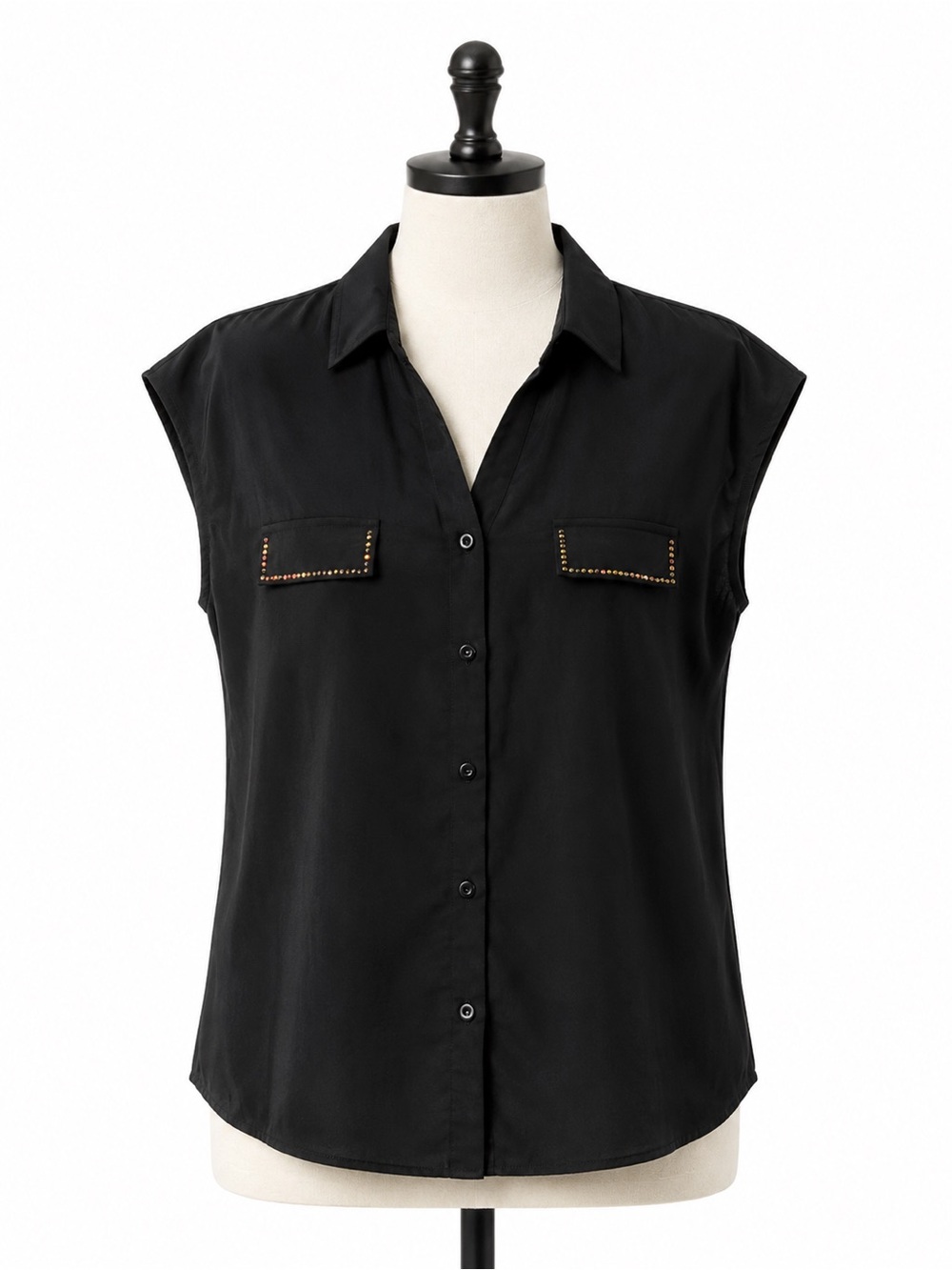 Sleeveless Black Button-Down‎ Top with Stud-Trim Pockets, Size L